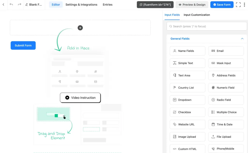 Fluent Forms editor page: drag and drop, click on the field name, or search any fields from the 60+ input fields.