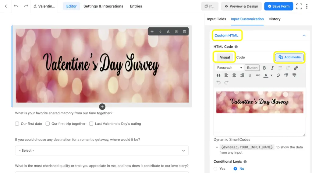 Add a background image on your forms using the Custom HTML field in Fluent Forms.