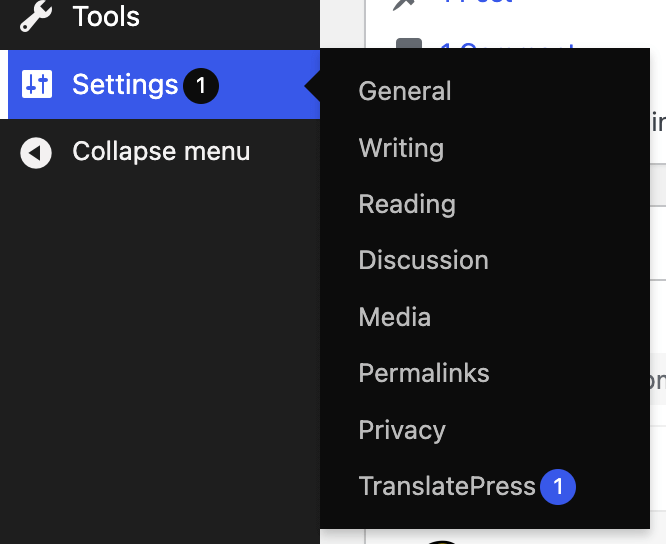 Translatepress in WordPress dashboard