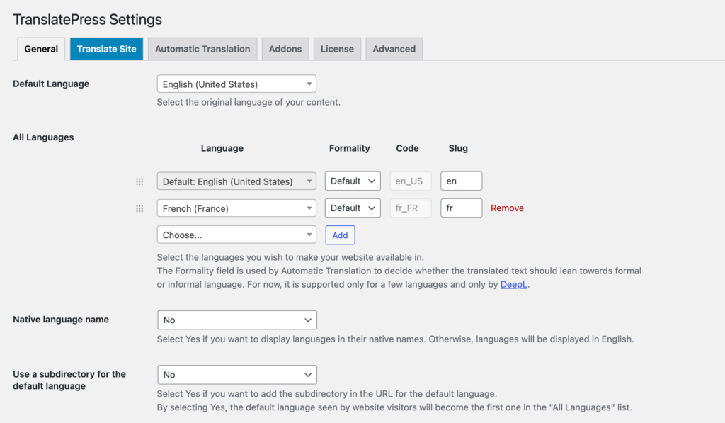 TranslatePress Settings for site translation