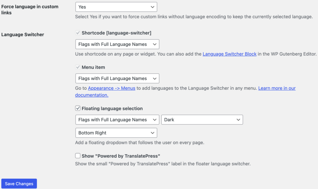 TranslatePress settings for site translation