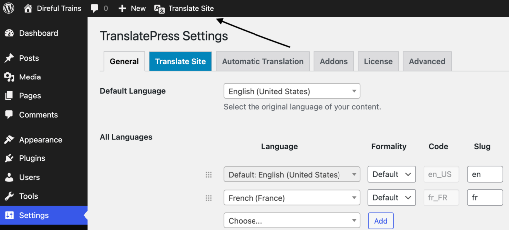 TranslatePress site Translation option