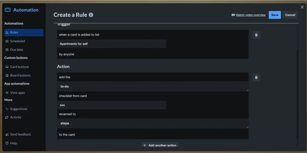 Trello automation step 5 save action