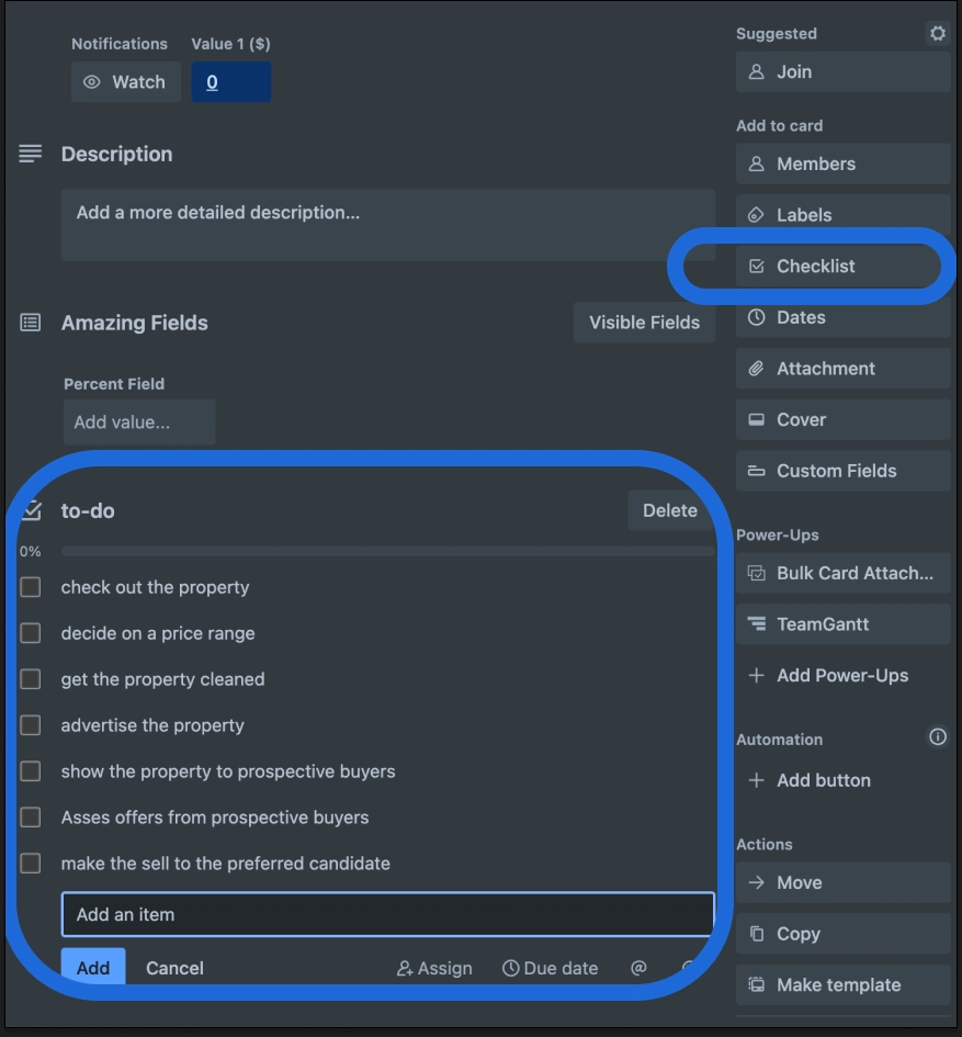 Trello checklist for real estate project management