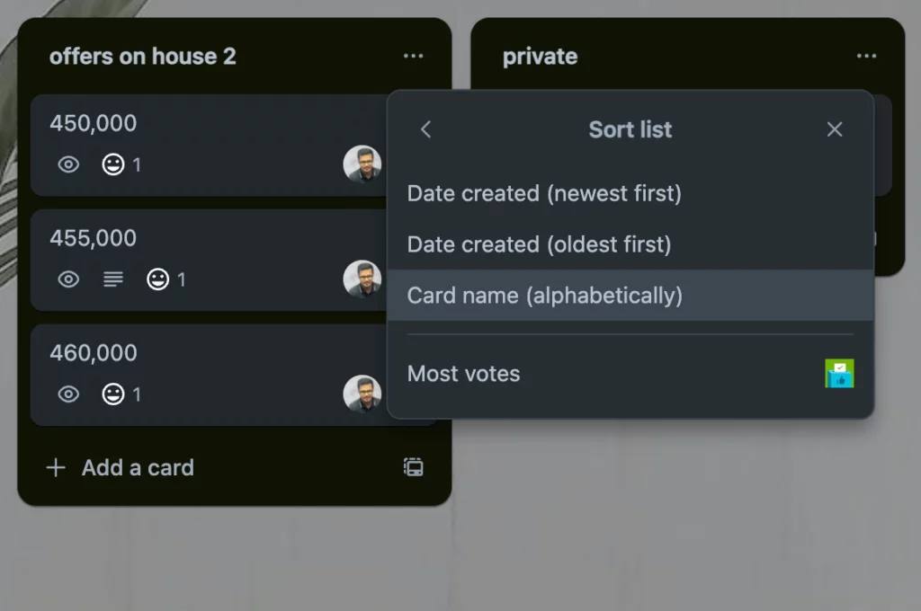 Trello sort list feature