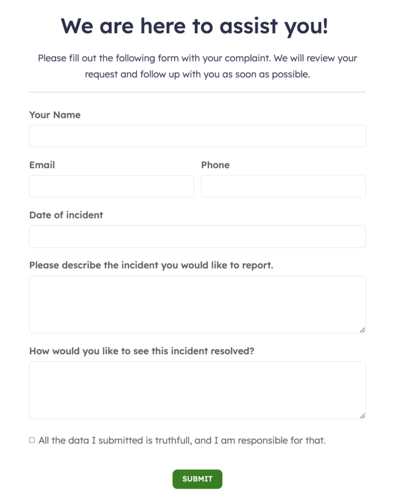 customer complaint form template