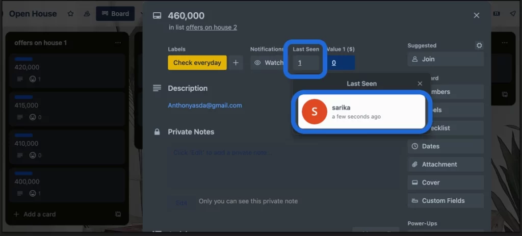 tracking Trello card activities using last seen power-up