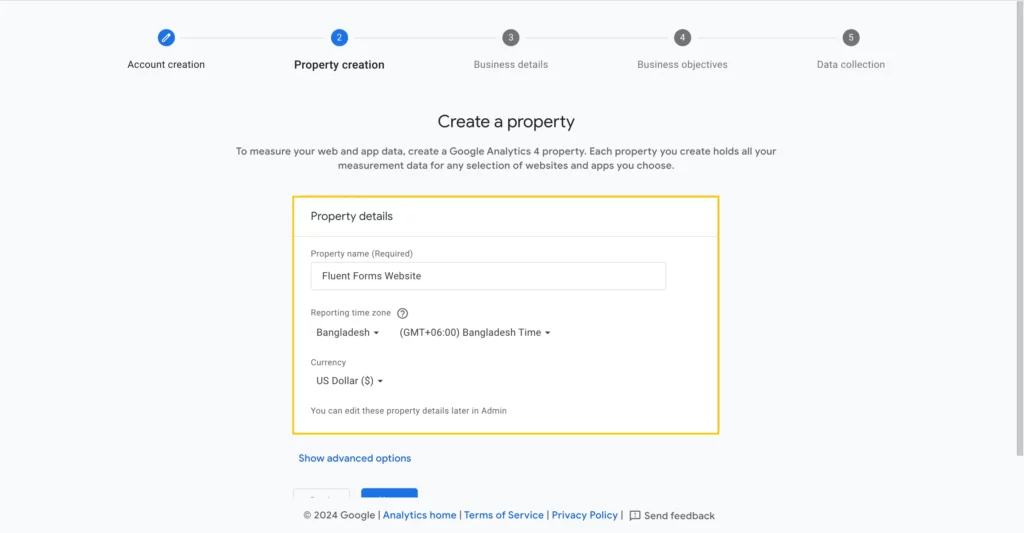 Creating a property for Google Analytics 