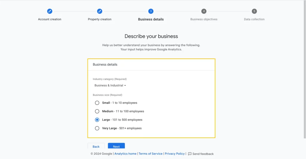 Describing business details for creating Google Analytics account