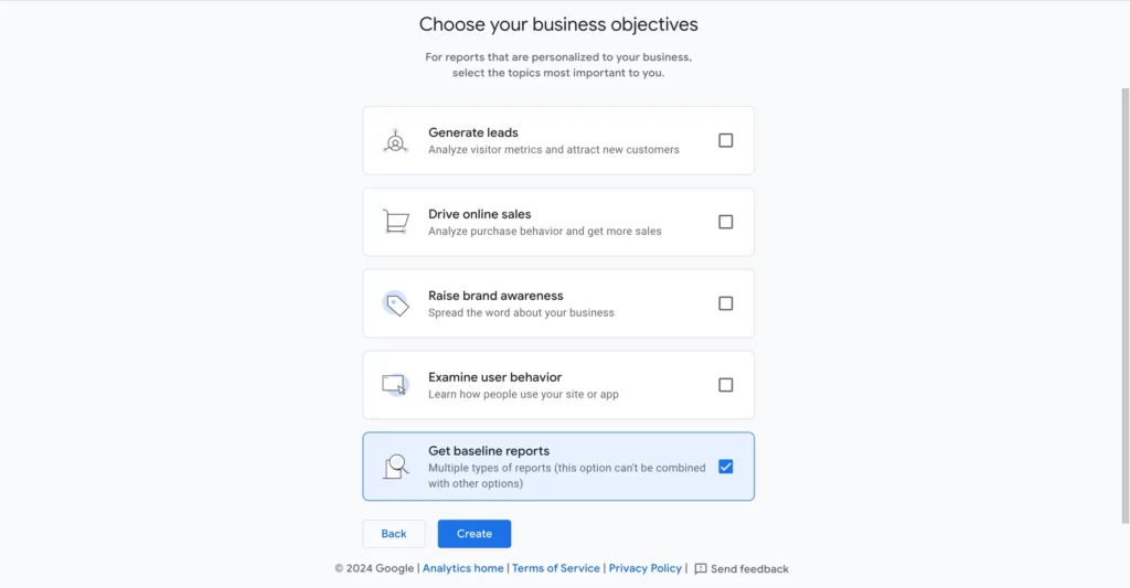 Choosing business objectives for creating Google Analytics account