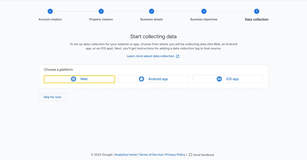 Setting up data stream for creating Google Analytics account