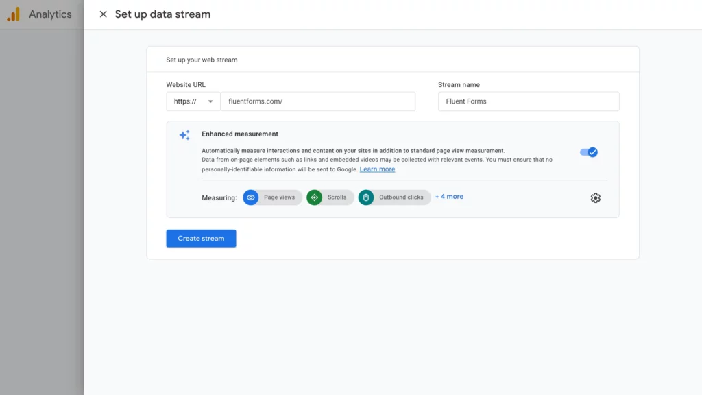 Set up data stream for creating Google Analytics account