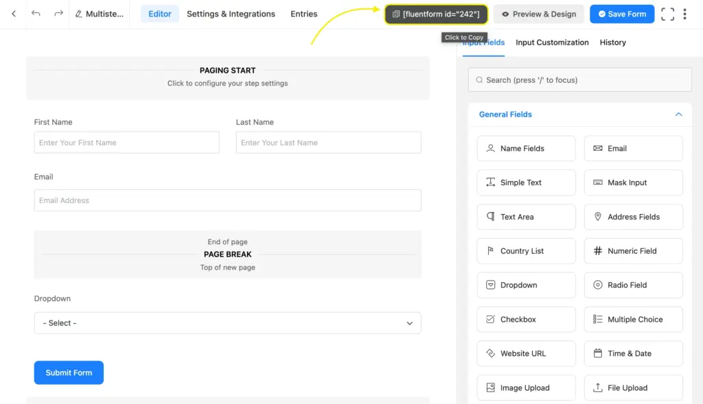 Publish your multi-step form using short code