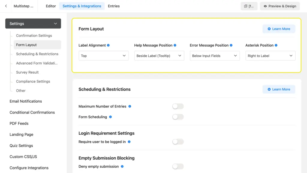form layout setting
