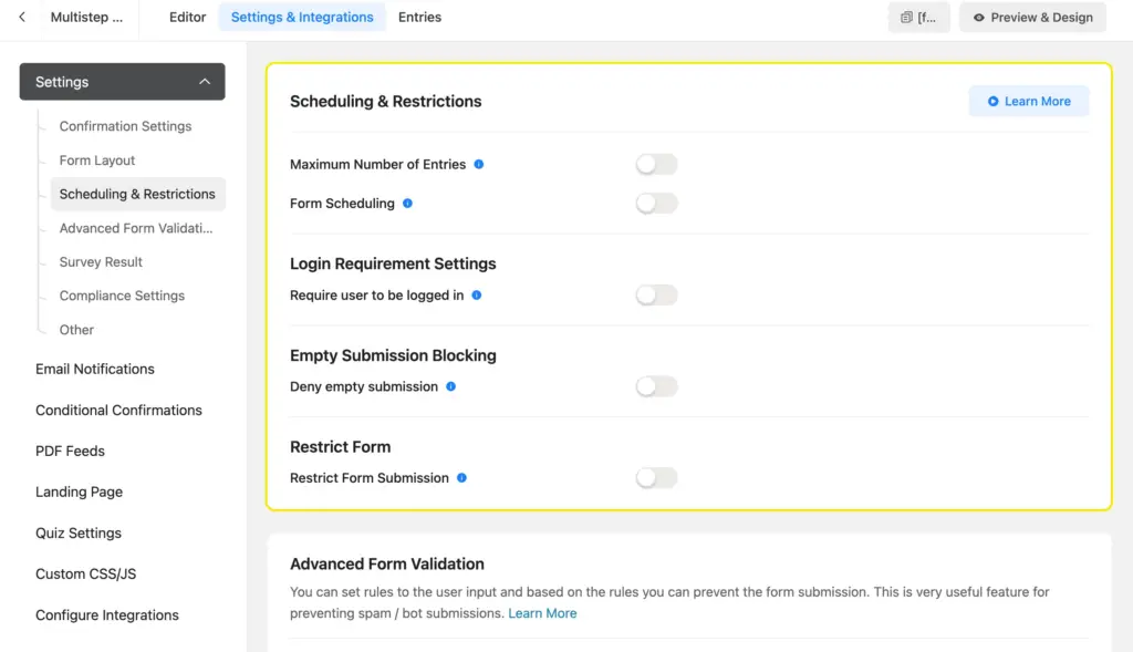 scheduling and restrictions of your multi step form