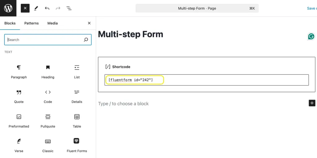 insert short code on your web page