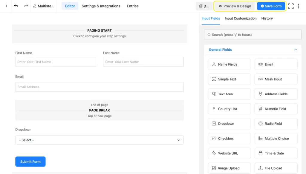 Save, preview, and design your multi step form