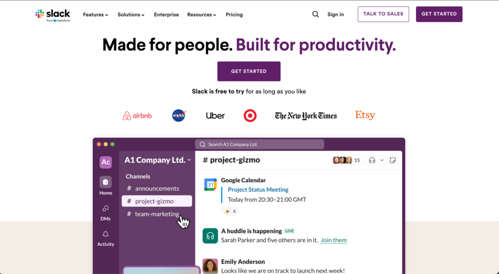 Slack Website Homepage. (Made for people. Built for productivity- tagline)