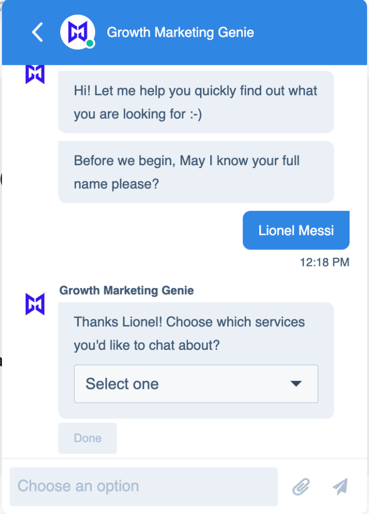 Ai chatbot conversation with a customer. (Growth Marketing Genie)