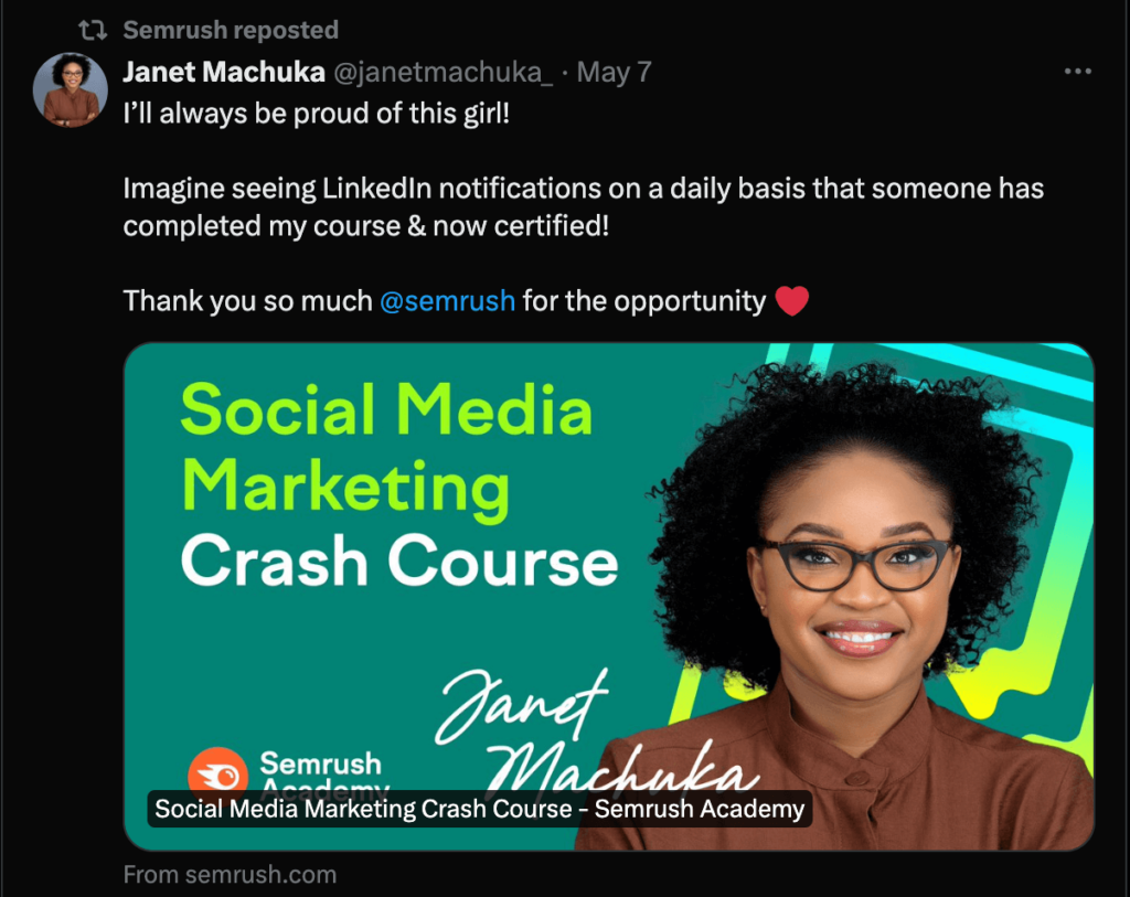 Semrush reposting a tweet of the collaborator they recently worked with