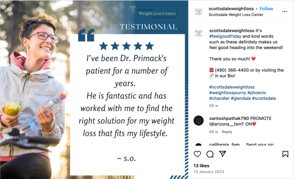 Scottsdale weight loss center instagram post. User testimonial. 