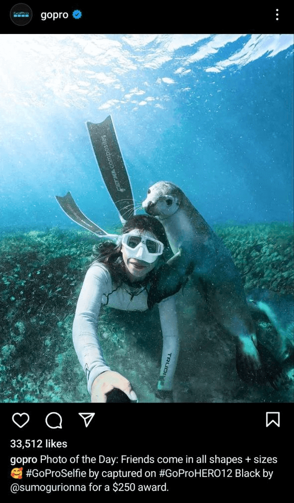 Gopro campaign, a woman having a selfie with a seal under the ocean