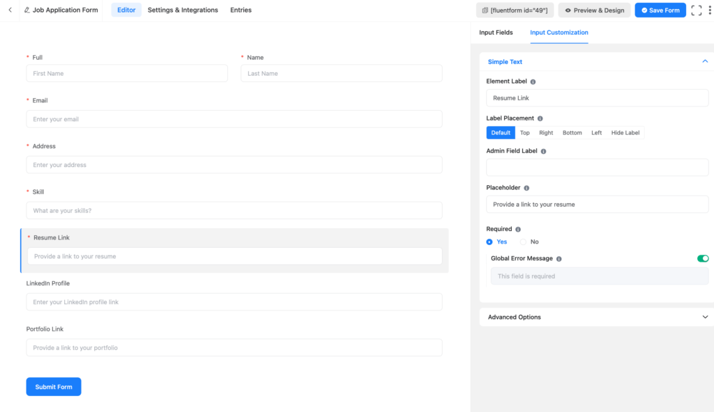 ChatGPT Fluent Forms integration - forms fields