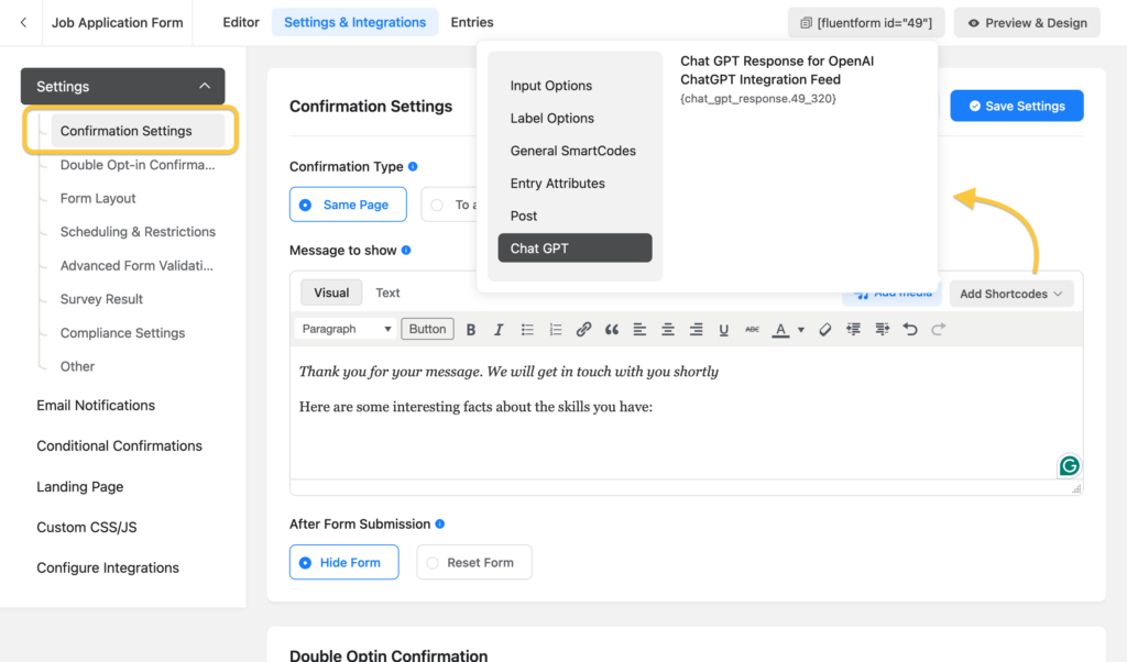 ChatGPT Fluent Forms integration