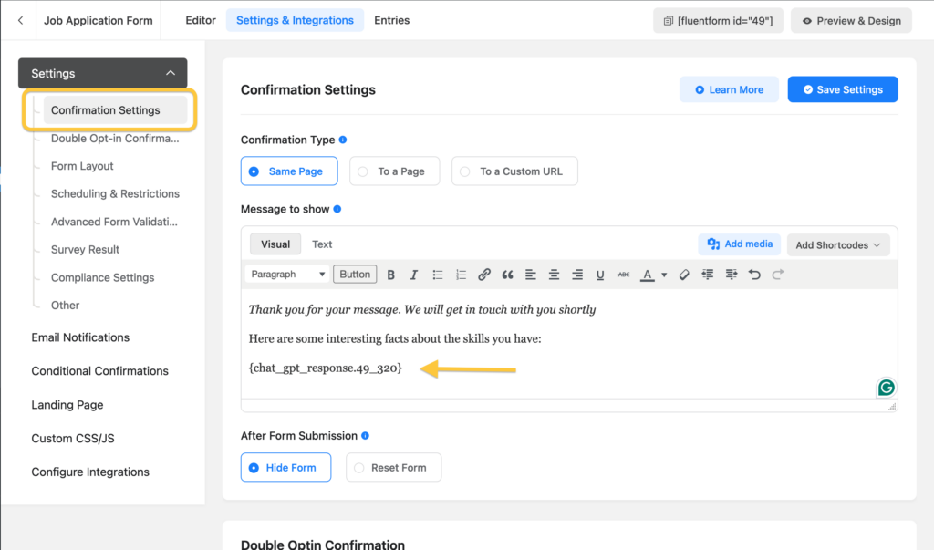 ChatGPT Fluent Forms integration