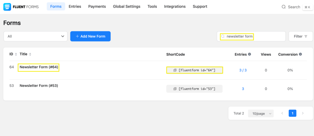 fluent form id shortcode