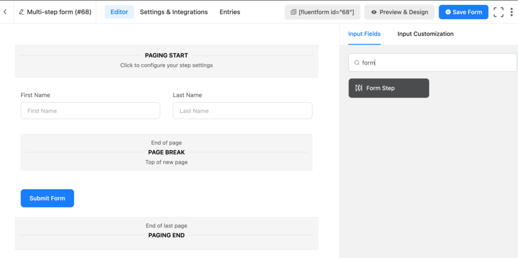 Form step input field- Fluent Forms