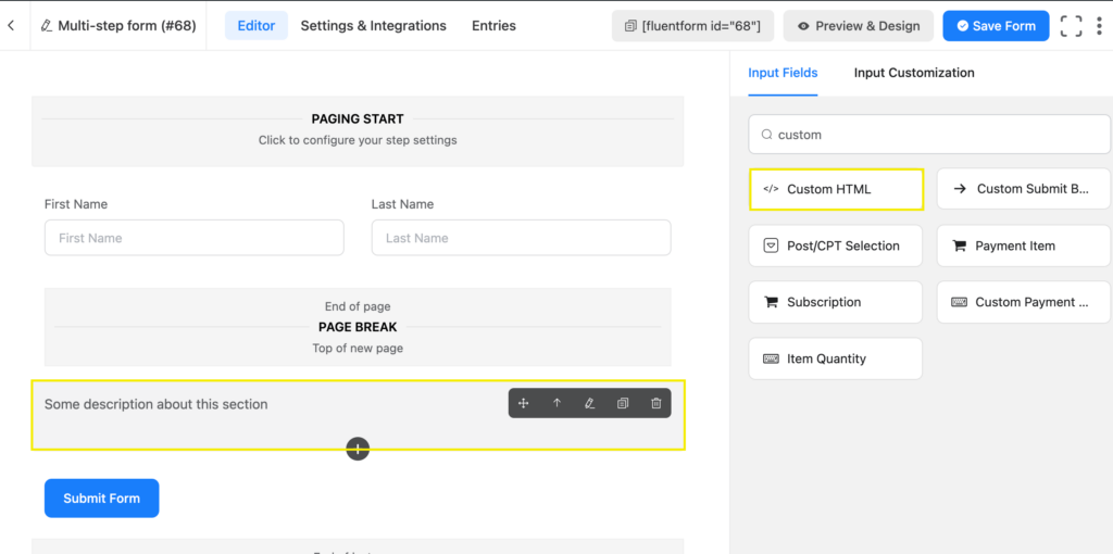 Custom HTML input field Fluent Forms