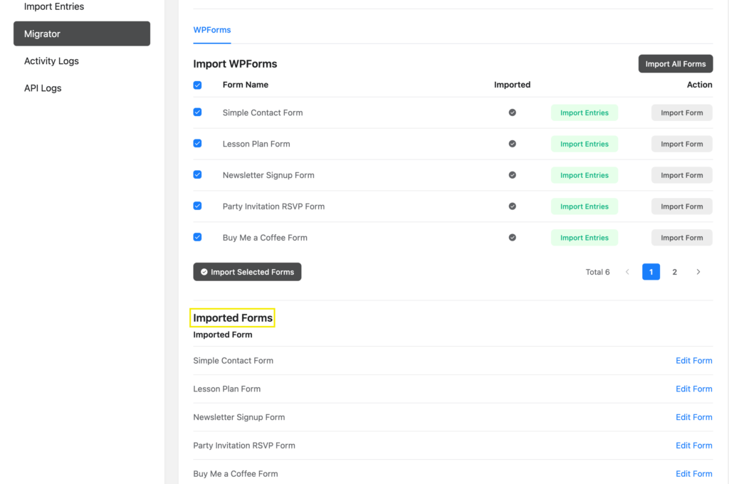 Imported Forms from WPForms with entries