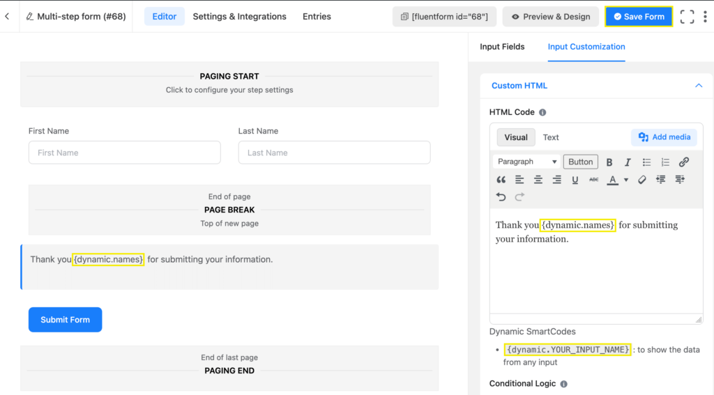 dynamic input Fluent Forms