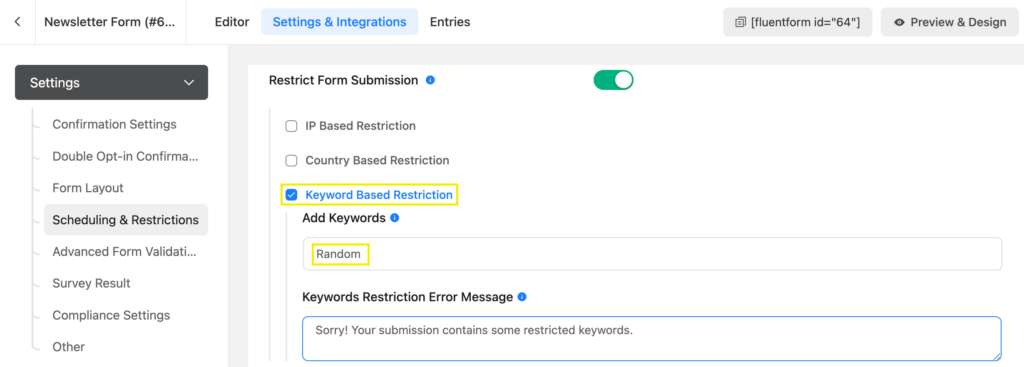 Keyword Based Restriction