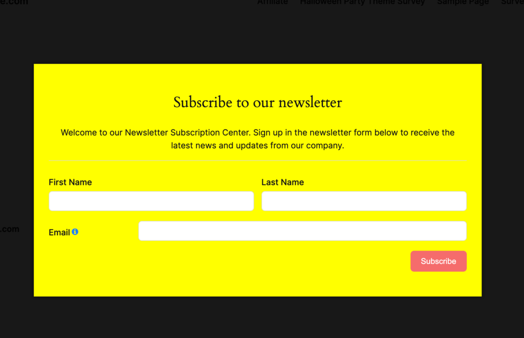 Newsletter form popup box