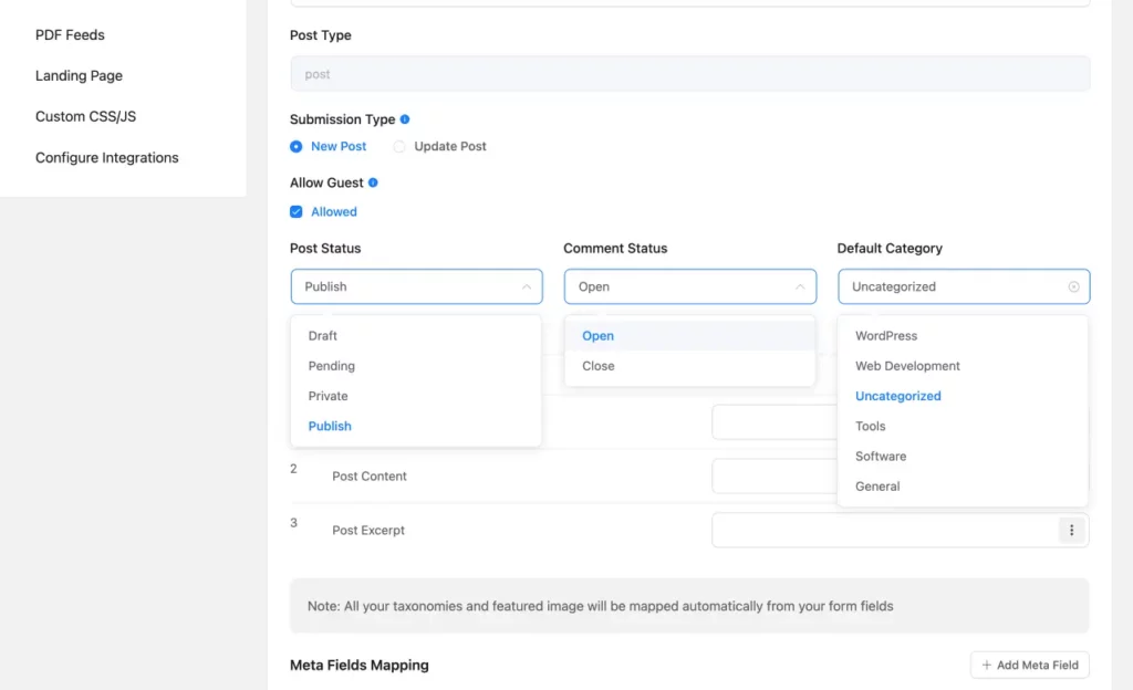 Setting post status, comment status and default category of the post