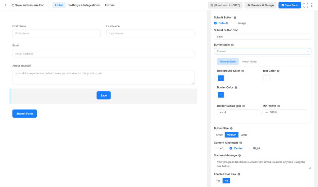 Customizing save and resume button in Fluent Forms