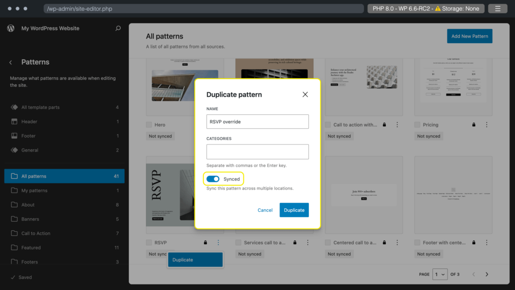 Duplicate a pattern WP 6.6