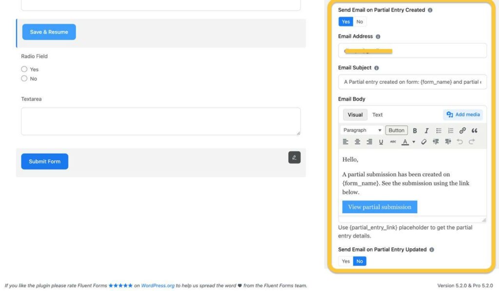 Fluent Forms Save & Resume Button for logged-in users and Send Notification to admin