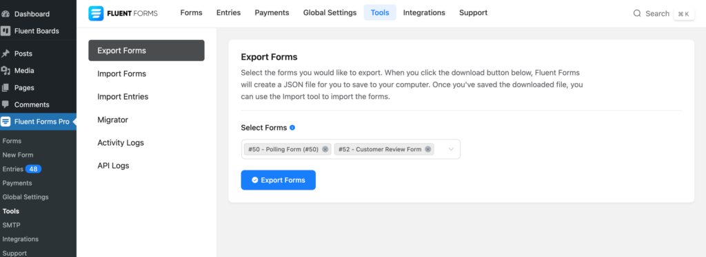 Select forms you want to export