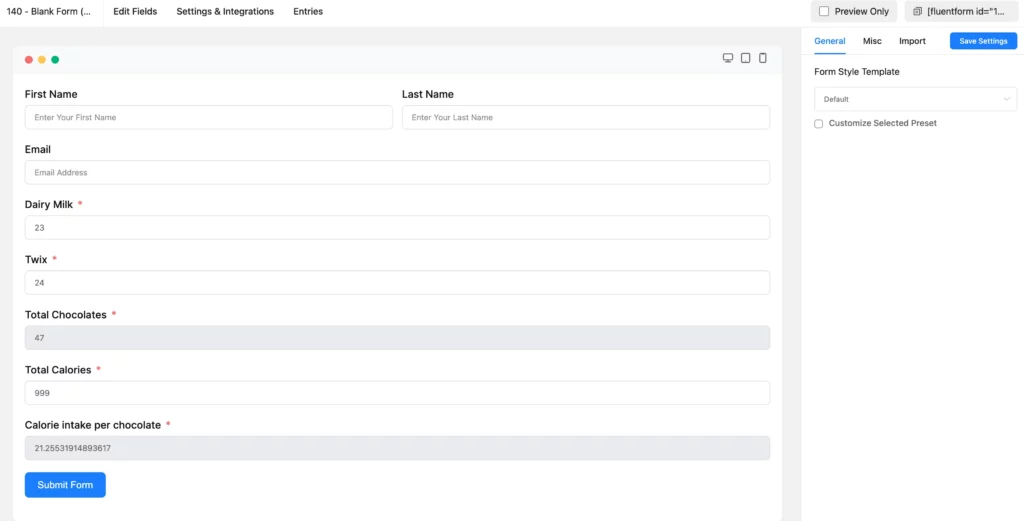 WordPress forms calculation results