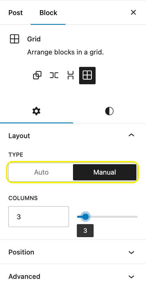 WP 6.6 selecting number of columns in a grid block