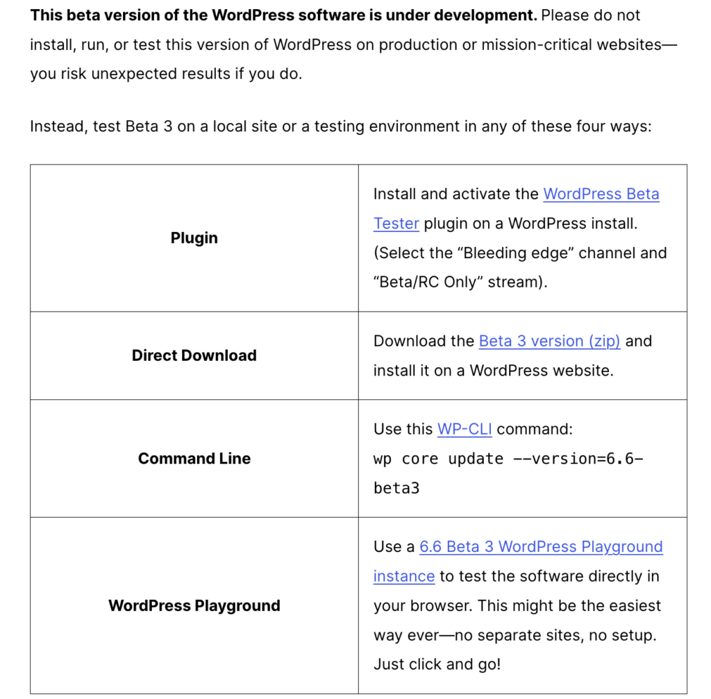 WordPress 6.6 beta testing
