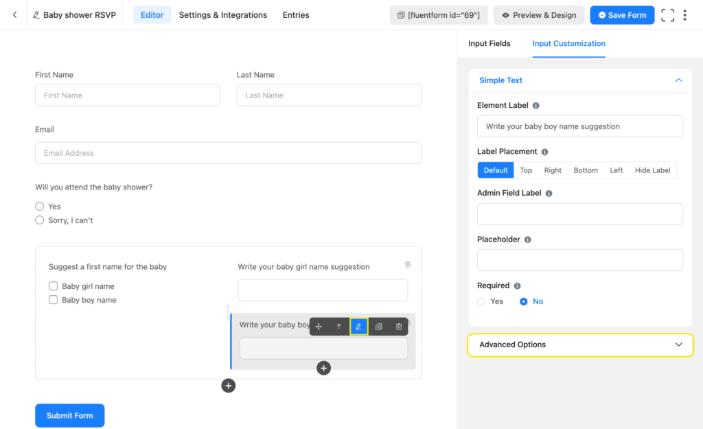 advanced options from input customization