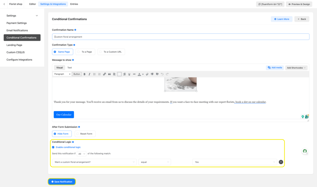 conditional logic in confirmation message