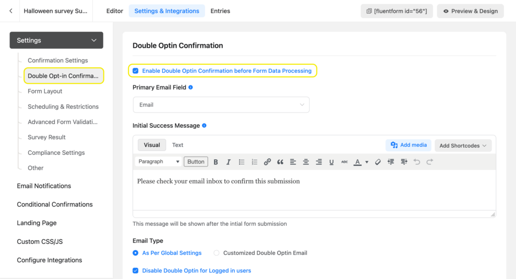 double opt-in settings for individual forms