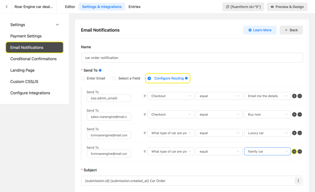 notification for different field entries in different email via email routing
