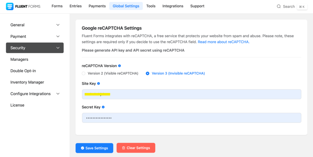 Google reCaptcha settings