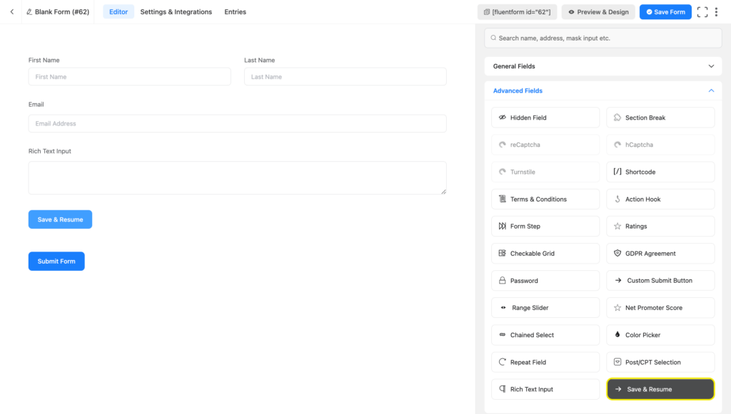 save and resume button in Fluent Forms